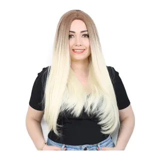 Fiber Sen Uzun Düz Peruk / Kumral / Platin Ombreli