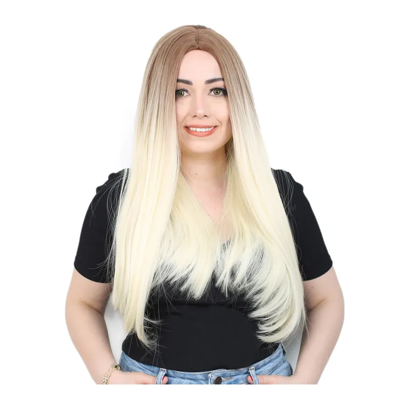 Fiber Sen Uzun Düz Peruk / Kumral / Platin Ombreli