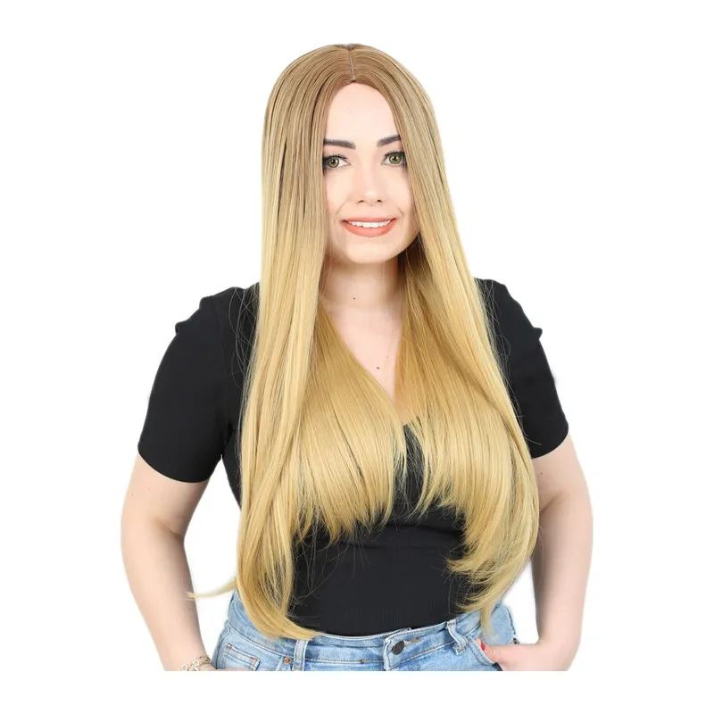 Fiber Sen Uzun Düz Peruk / Kumral / Sarı Ombreli