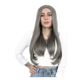 Fiber Sen Uzun Düz Peruk / Koyu Gri
