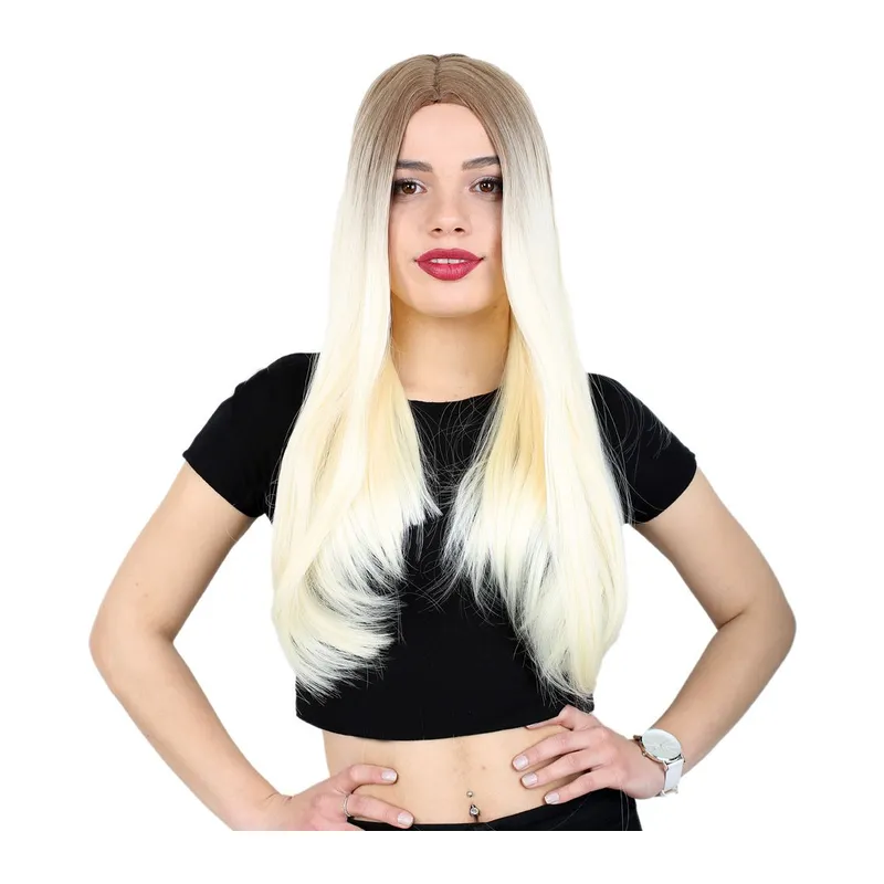 Fiber Sen Uzun Düz Peruk / Açık Balköpüğü / Platin Ombreli