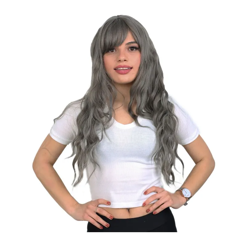 Perçemli Uzun Su Daası Fiber Sen Peruk/ Koyu Gri
