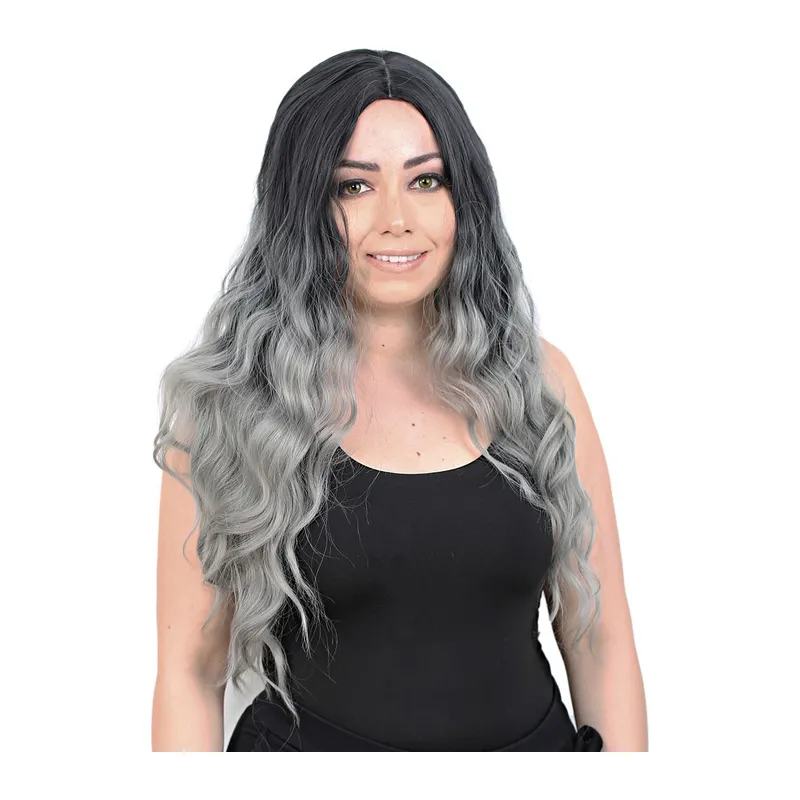 Su Daası Uzun Perçemsiz Fiber Sen Peruk / Siyah / Gri Ombreli