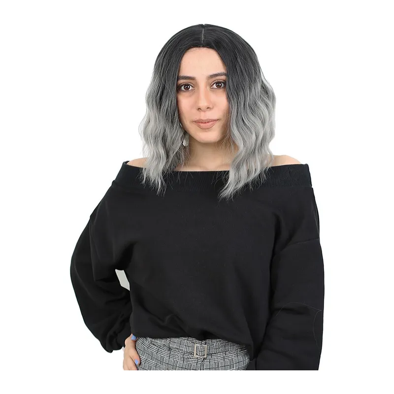 Fiber Sen Kısa Daalı Perçemsiz Peruk / Siyah / Gri Ombreli
