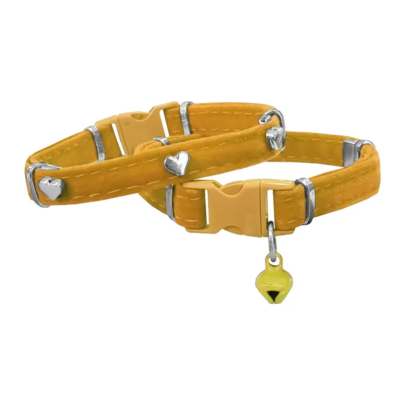 Kadife Kedi Boyun Tasması Kalpli 20-32 cm Sarı