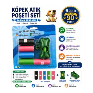 Köpek Dışkı Poşeti 6 rulo + Taşıma Aparatı li (90 poşet - 6 rulo)