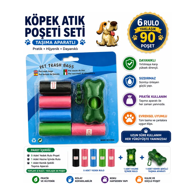 Köpek Dışkı Poşeti 6 rulo + Taşıma Aparatı li (90 poşet - 6 rulo)
