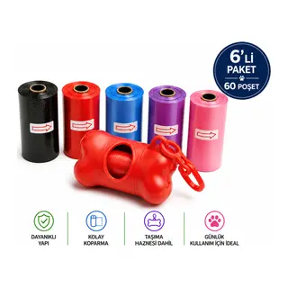Köpek Dışkı Poşeti 6 rulo + Taşıma Aparatı li (60 poşet - 6 rulo)