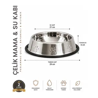 Köpekler İçin Pati Desenli Çelik Su Kabı 30 Cm - 64 Oz - 2 LT