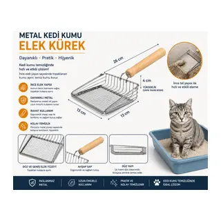 Metal Kedi Kumu Elek Kürek Ahşap Saplı Paslanmaz Kum Küreği 26 cm