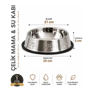 Köpekler İçin Pati Desenli Çelik Su Kabı 25 Cm - 32 Oz - 1 LT