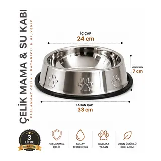 Köpekler İçin Pati Desenli Çelik Su Kabı 33 Cm - 96 Oz - 3 LT