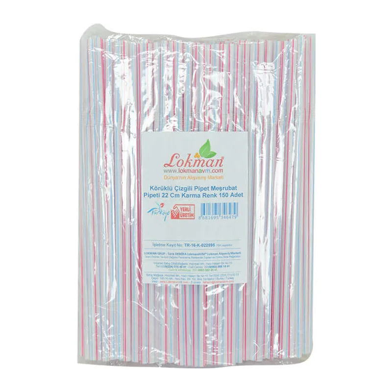 Körüklü Çizgili Pipet Ayran Kola Meşrubat Pipeti 22 Cm Renk 150 Adet Paket