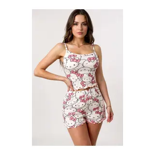 Hello Kitty Baskılı Askılı Şortlu Pijama - Renkli / XL