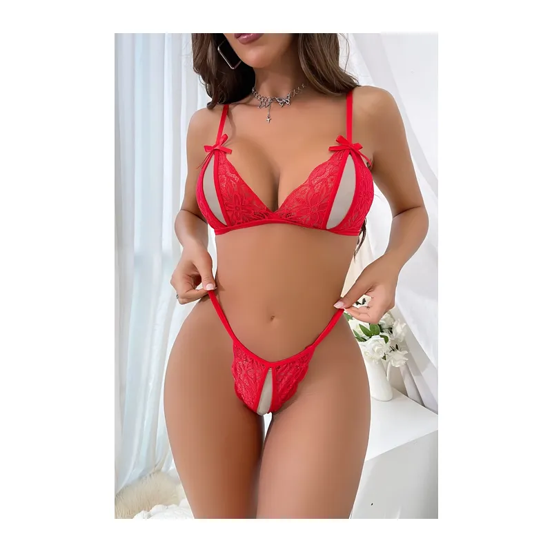 Dantelli Fantazi Sütyen ve G-String Takım - Renkli / S