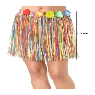 Yetişkin ve Çuk Uyumlu Rengarenk Püsküllü Hawaii Luau Hula Etek 40 cm