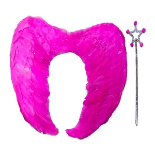 Gerçek lü Katlanabilir Çuk Pembe Melek Kanadı ve Asa Seti 40x55 cm