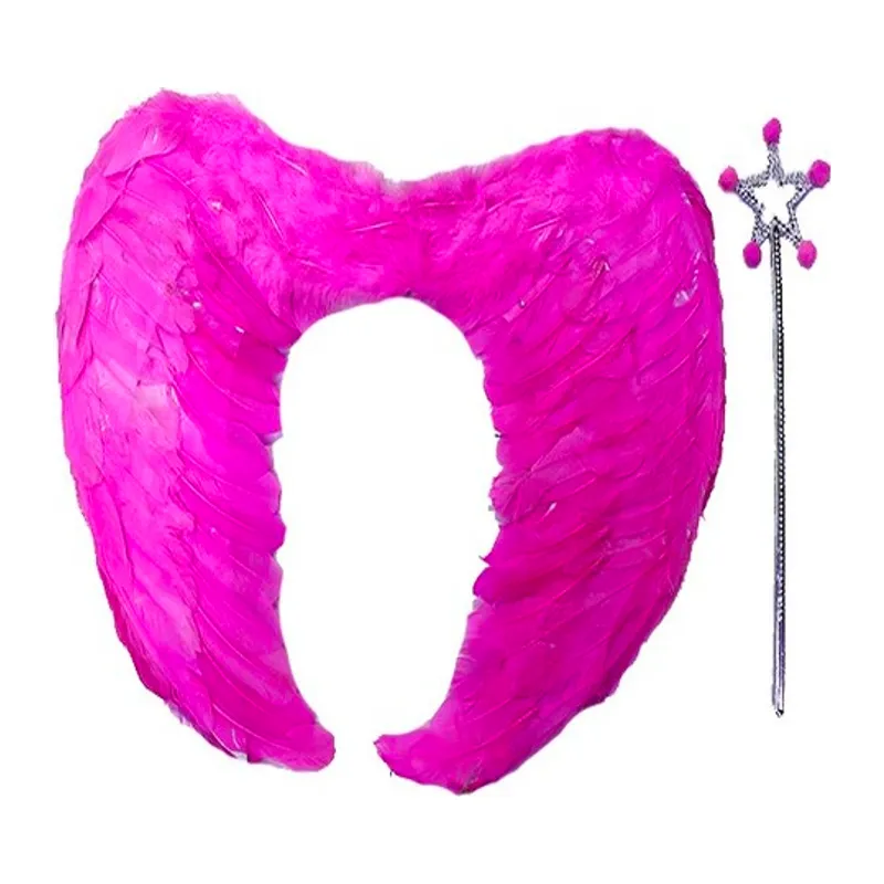 Gerçek lü Katlanabilir Çuk Pembe Melek Kanadı ve Asa Seti 40x55 cm