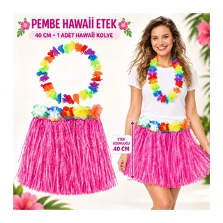 Hawaii Luau ha Pembe Püsküllü 40 cm Etek ve Hawaii Kolye Seti