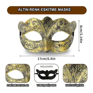 Altın Renk Eskitme Maskeli B Maskesi – Venedik Tarzı Parti Maskesi