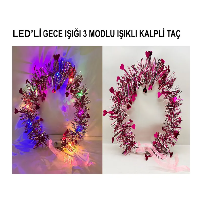 Kalp Püsküllü Gece Parıltısı 3 Modlu LED'li Işıklı Taç Fuşya Renk