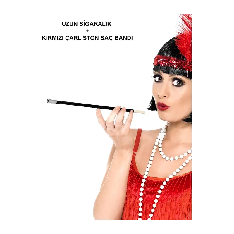 1920'ler 1990'lar Gatsby Kadın Aksesuar Seti – Kırmızı Charleston Bandı ve lık