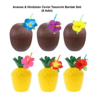 Ananas & Hindistan Cevizi Tasarımlı Pipetli Bardak Seti (6 Adet)