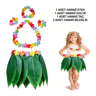 Çuk Hawaii Kostüm Seti - Yaprak Etek & Hawaii Set - 5 Parça