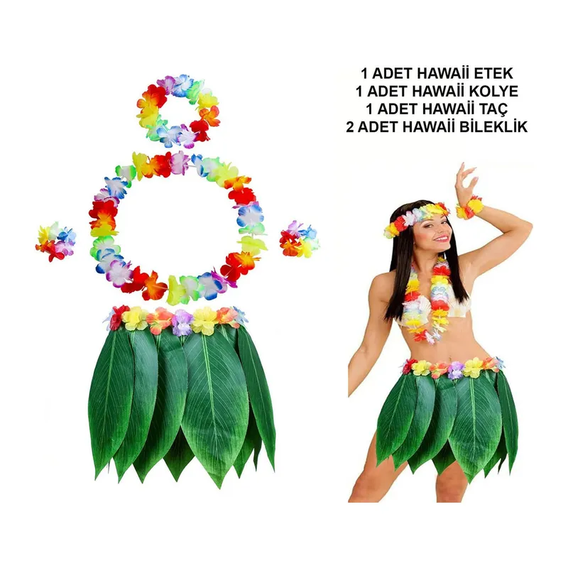 Yetişkin Hawaii Kostüm Seti - Yaprak Etek & Hawaii Set - 5 Parça