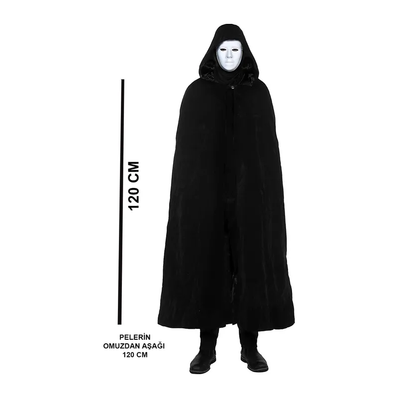 Siyah Kapüşonlu 120 cm Pelerin ve Beyaz Boyanabilir Tam Yüz Maske