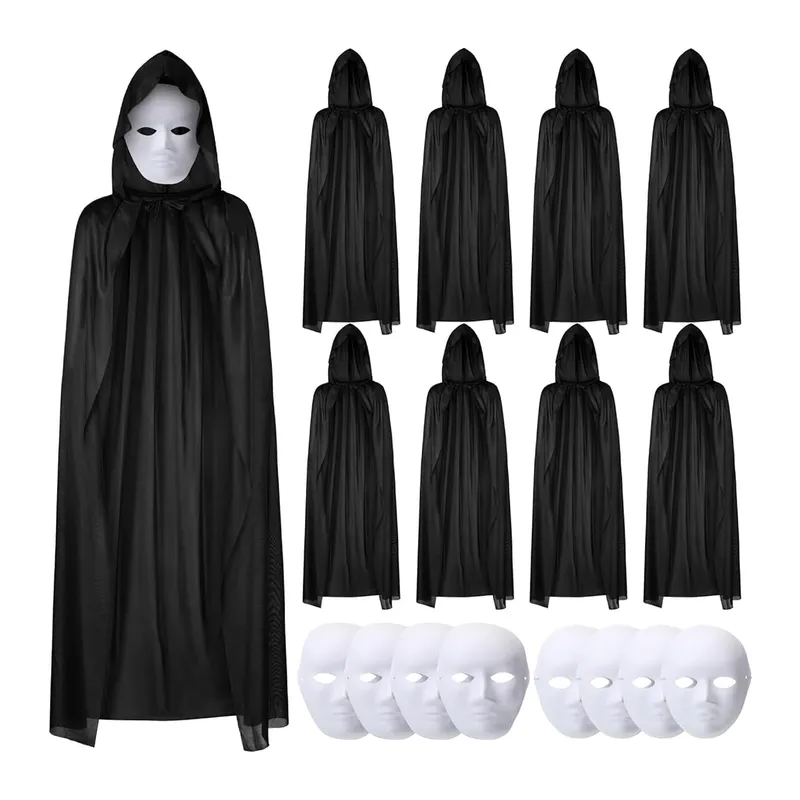 120 cm Siyah Kapüşonlu Pelerin ve Boyanabilir Karton Maske 8’li Set