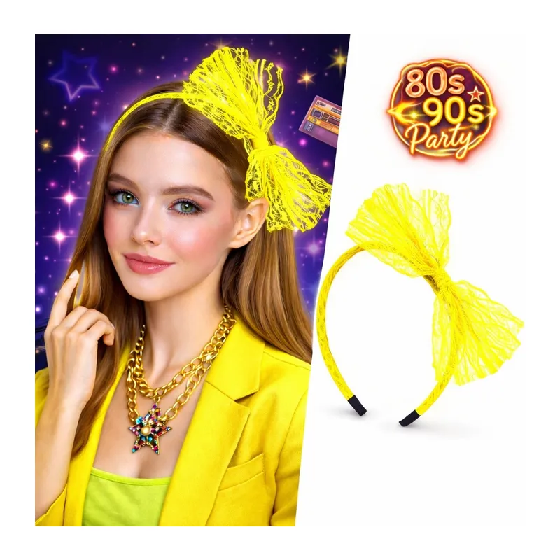 80’ler 90’lar Neon Sarı Dantel Taç Fiyonklu
