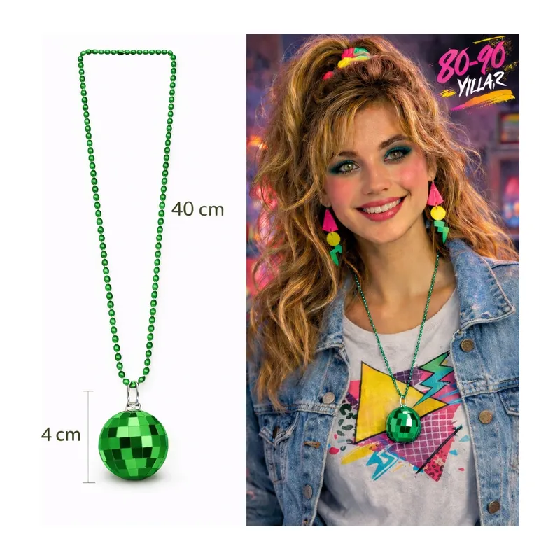 Retro Disko Topu Şekilli 80'ler 90'lar Yeşil Renk Plastik Kolye