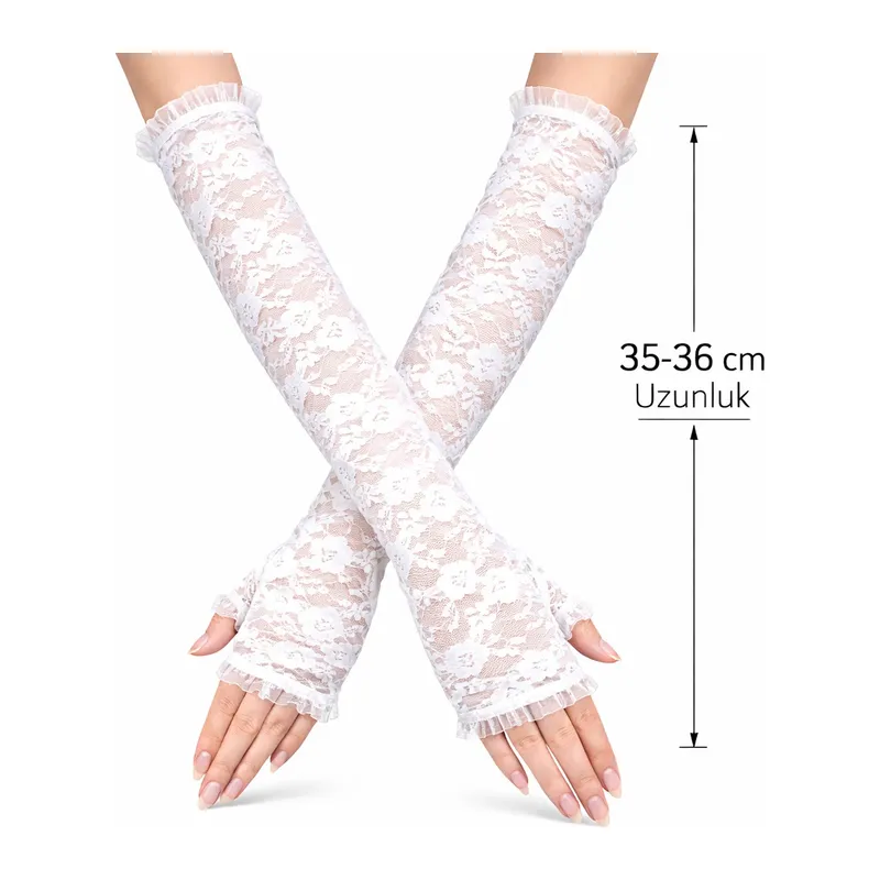 Uzun Zarif Dantel Eldiven Parmaksız Beyaz 35 cm