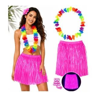 Neon Pembe Hawaii Etek 40 cm ve Rengarenk Hawaii Kolye