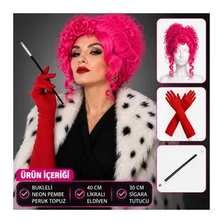 Neon Bukleli Pembe Peruk Uzun Kumaş Kırmızı Eldiven ve Tutucu Seti (3 Parça)