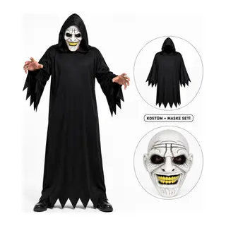 Korkunç ümseyen Maskeli Siyah Kapüşonlu Kostüm Seti 140 cm