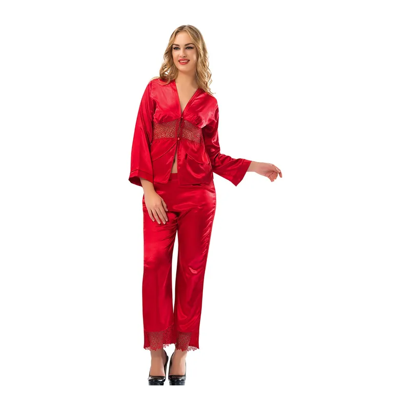 Kırmızı Saten Pijama Takımı - Renkli / L