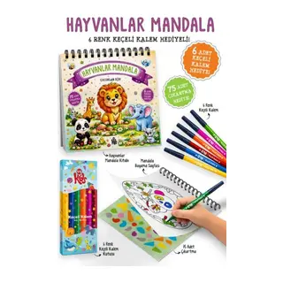 Hayvanlar Mandala - 6 Renk Keçeli m ve 75 Adet Çıkartma li 3+