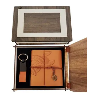Özel Ahşap Kutulu Taba Deri Defter ve Anahtarlık Set