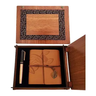 Ahşap Kutulu Taba Renk Deri Defter ve Kalem Set