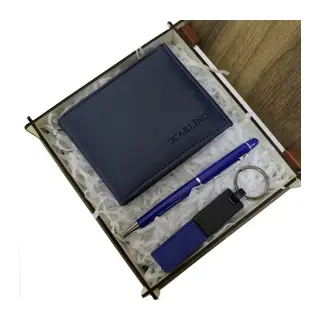 Mavi Cüzdan Kalem ve Deri Mavi Anahtarlık Set
