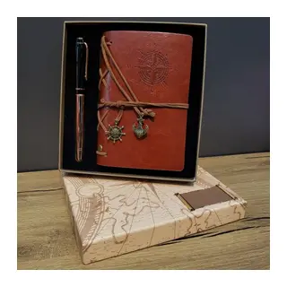 Deri Pusula Tasarımlı Defter Ve Metal Kalem Seti