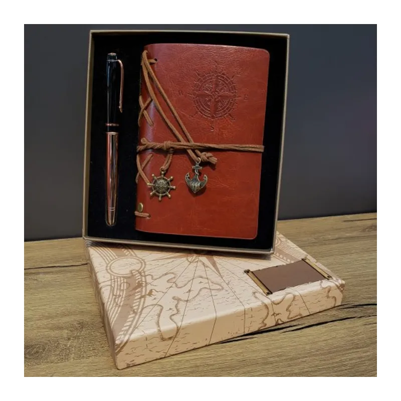 Deri Pusula Tasarımlı Defter Ve Metal Kalem Seti