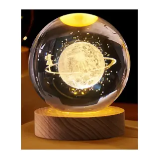 Dekoratif SATÜRN KIZ Tasarımlı Ahşap altlıklı Işıklı Cam Küre Büyük Boy Cam:8cm Ahşap:2cm
