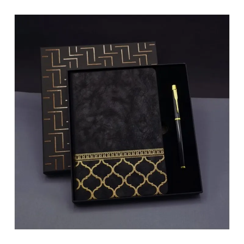 Gold Desen Siyah Deri Defter Kalem Set