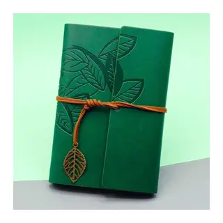 Yeşil Deri Kapaklı Yaprak Desenli Defter