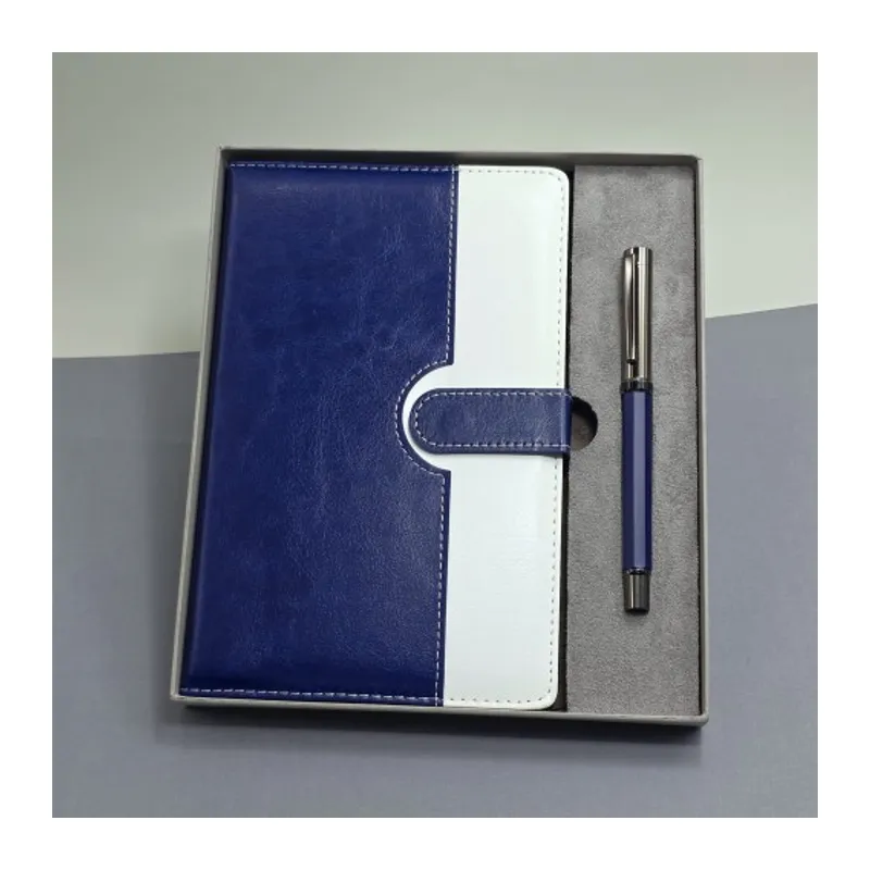 Mavi Beyaz Deri Kapaklı Defter Ve Metal Kalem Set