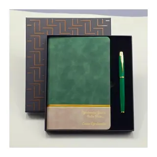 Yeşil Şeritli Defter Ve Yeşil Metal Kalem Set