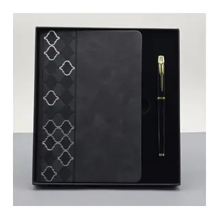 Desenli Siyah Deri Defter Kalem Set